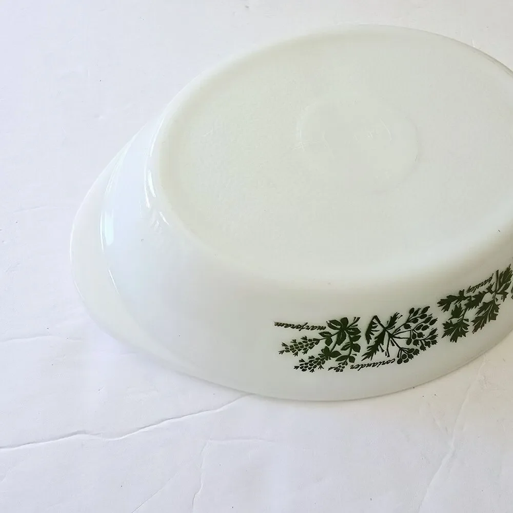 Glasbake Milk Glass Divided Casserole Dish Green Herb Design Vintage Kitchen